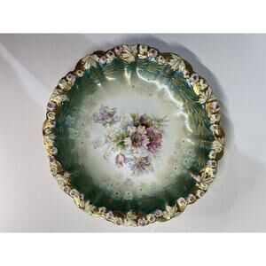RS Germany Porcelain Plate Art Nouveau Green Floral Antique Scalloped Fluted